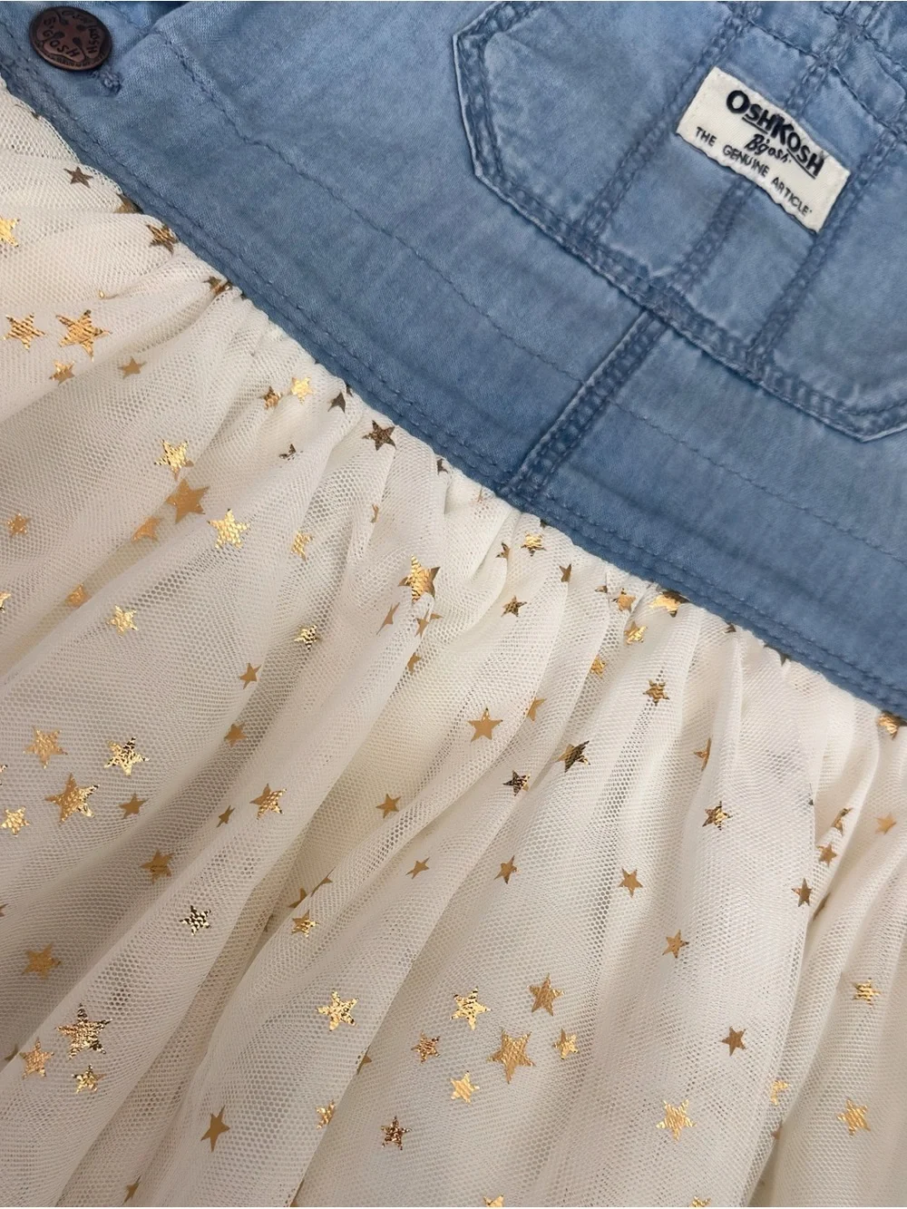 OshKosh B'gosh Light Blue Denim Bib with Cream Tulle Skirt and Gold Stars